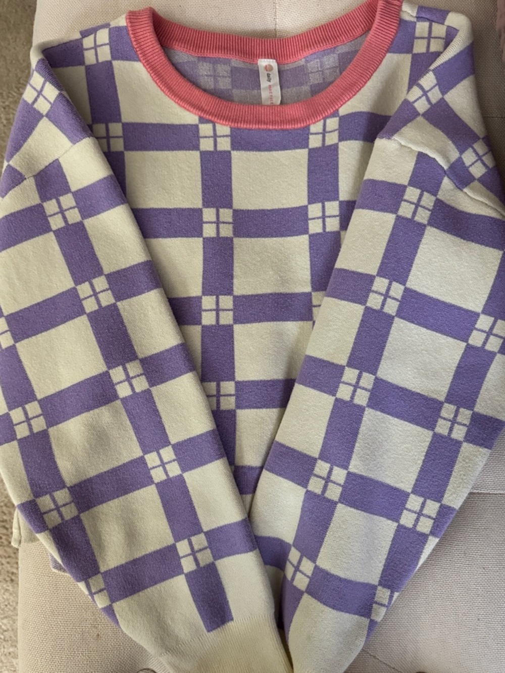 Anthropologie daily practice Lavender and Cream Check Crewneck & shorts set